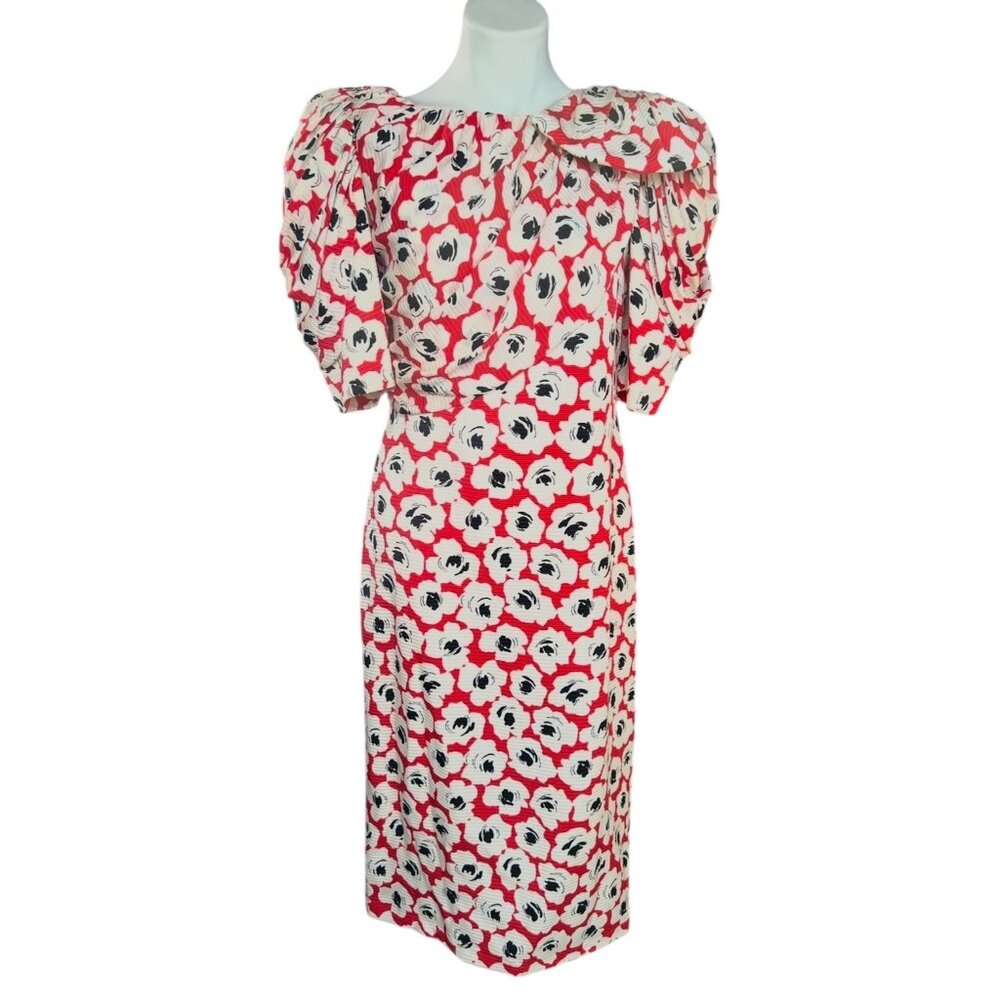 Digna Yero Sakowitz Womens Dress Size 10 Red Blk Wht Puff Sleeves & Draped Yoke - Picture 1 of 16